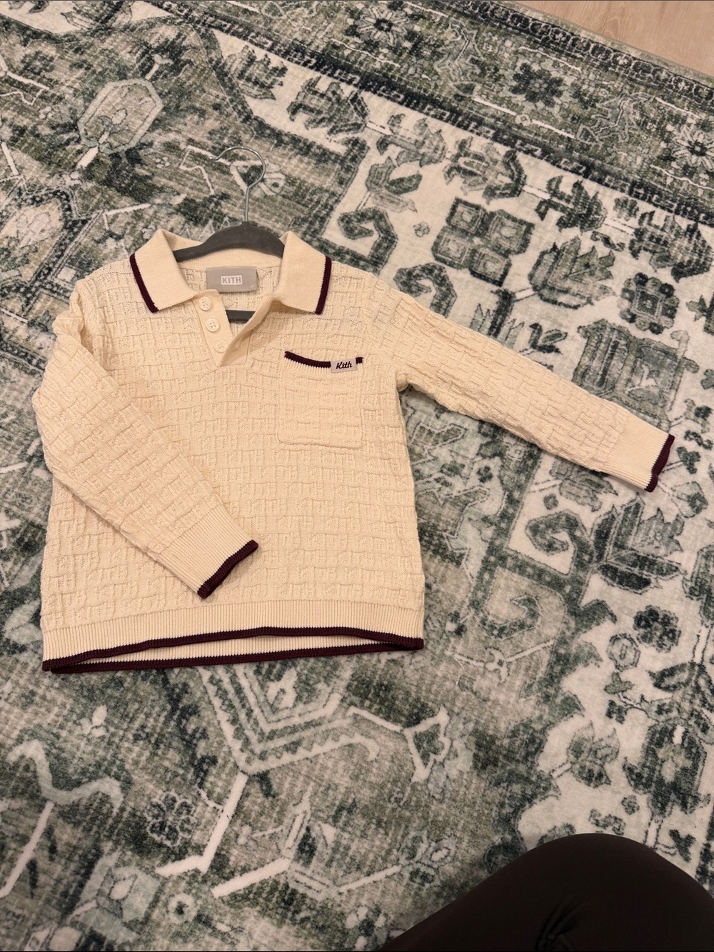 Kith Cream Knit Polo Sweater with Burgundy Trim - Kids